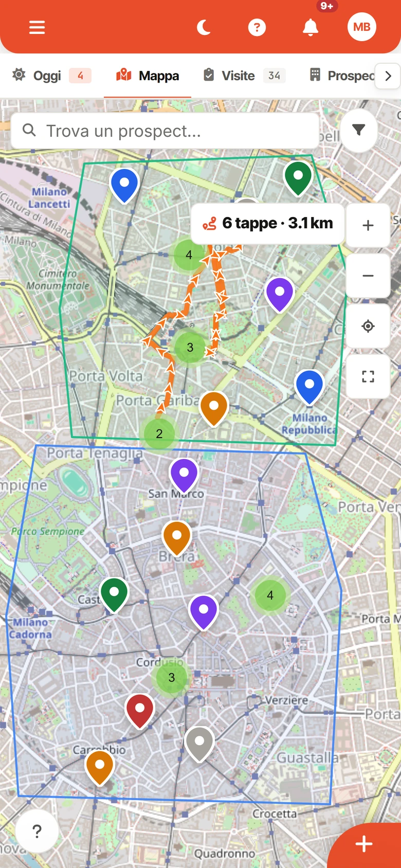 Mappa di Milano con i territori, i clienti colorati per stato e il percorso del giorno