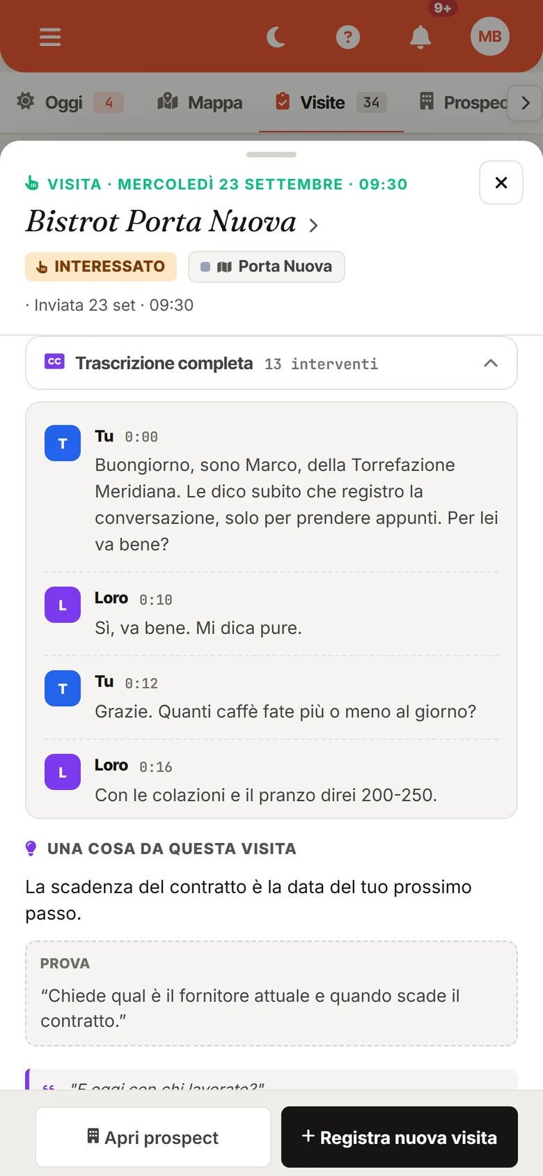 La trascrizione di una visita, con le battute del venditore e del cliente separate
